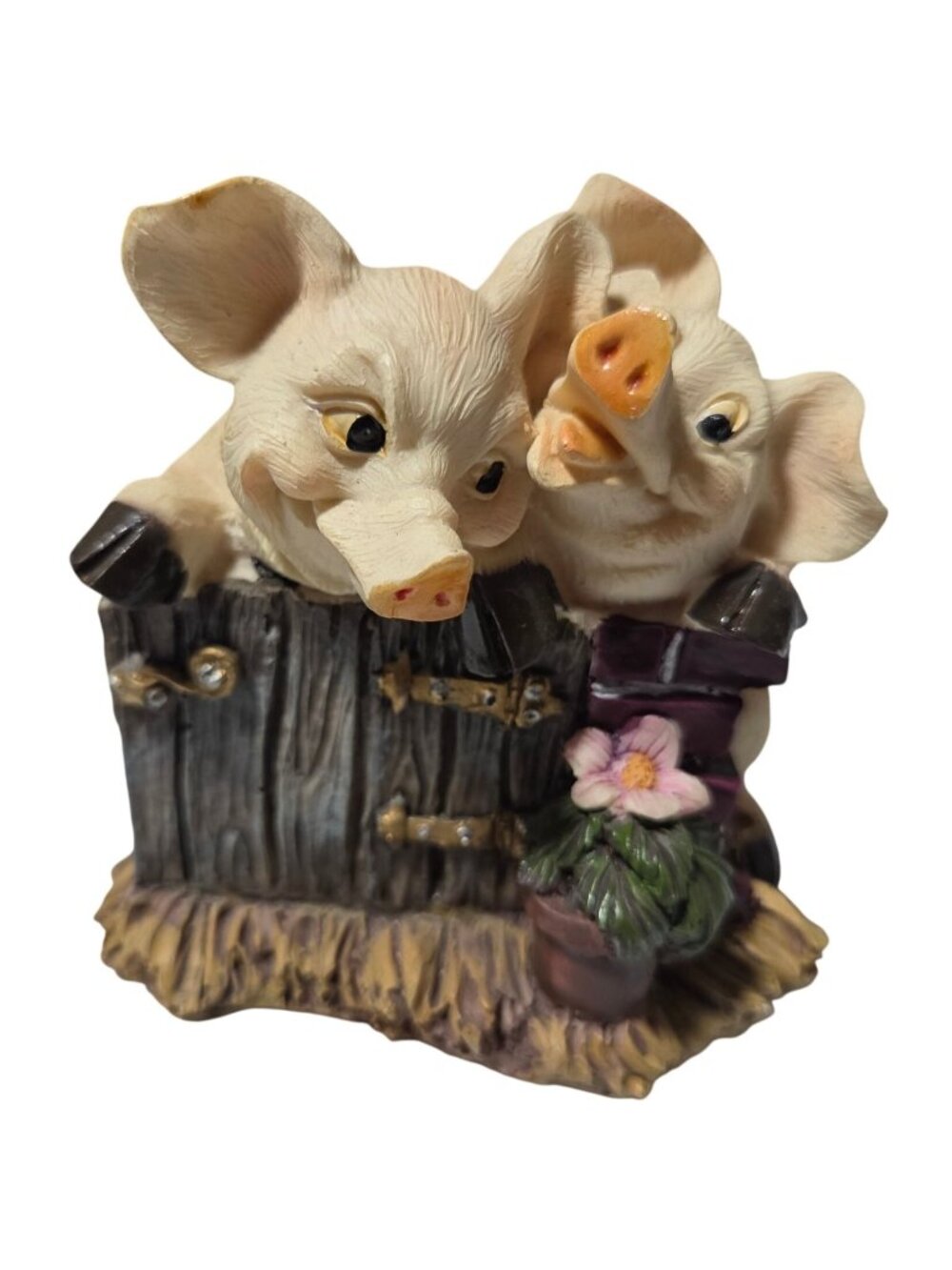 Pig Figurine Pair Peeking Over Fence Flower Pot Farmhouse Decor Hand Painted